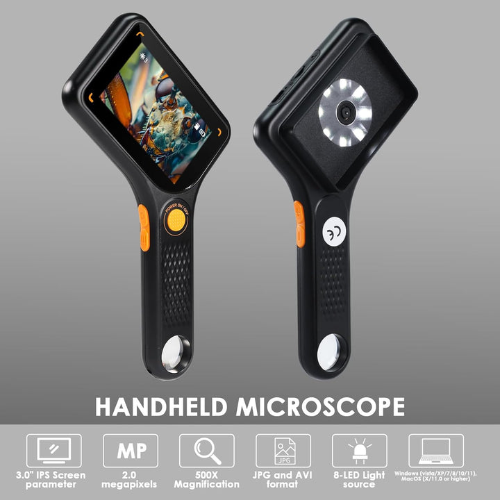 Digitalmikroskop mit 500-Facher Vergrösserung und 3-Zoll-IPS-Bildschirm | 8 Einstellbare LED-Leuchte