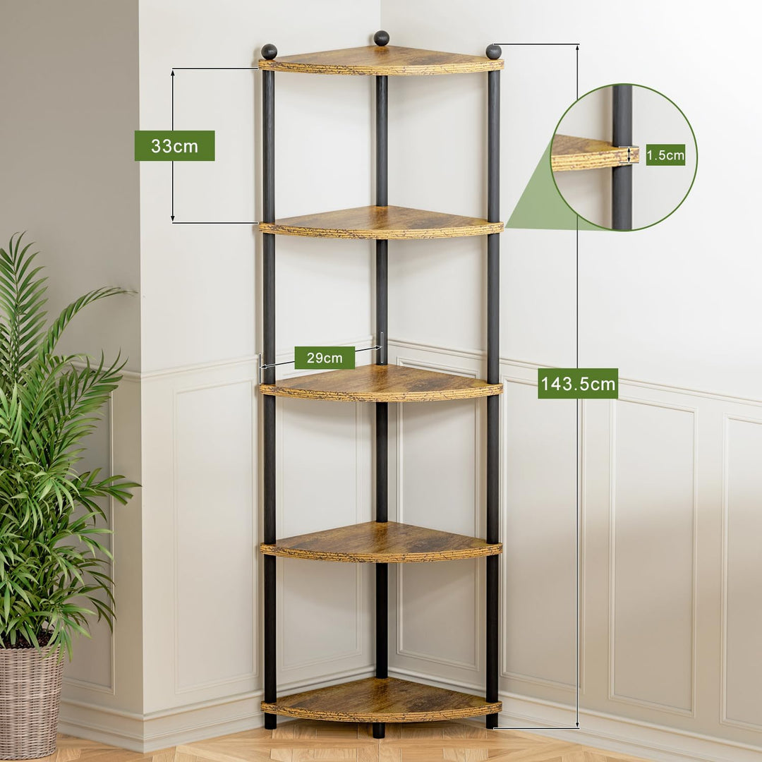 Ruichang Eckregal stehend mit 5 Ebenen, bücherregal Holz, Standregal, Aufbewahrungsregal, Lagerregal