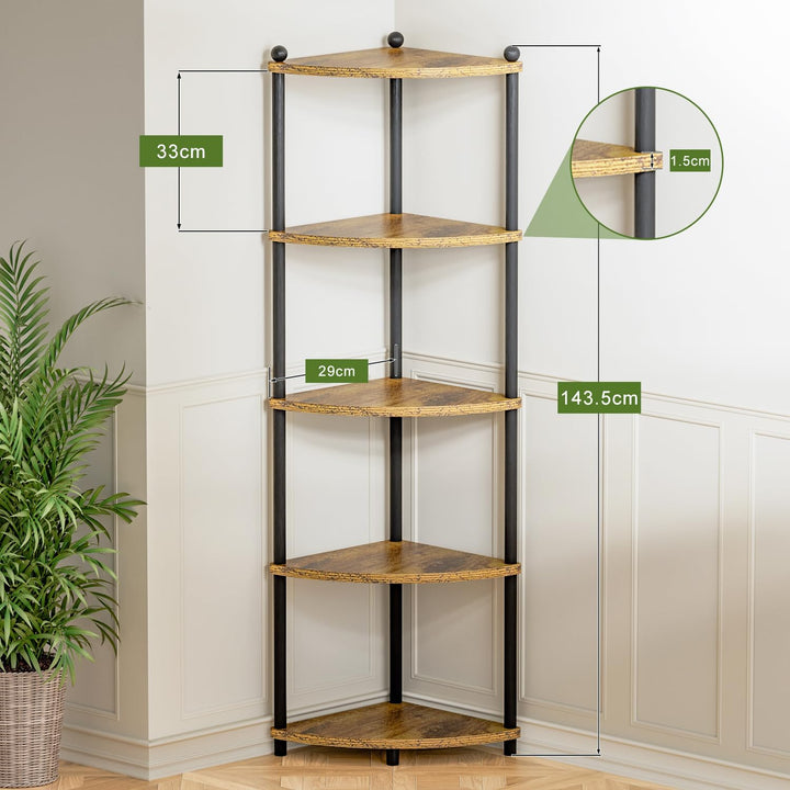 Ruichang Eckregal stehend mit 5 Ebenen, bücherregal Holz, Standregal, Aufbewahrungsregal, Lagerregal