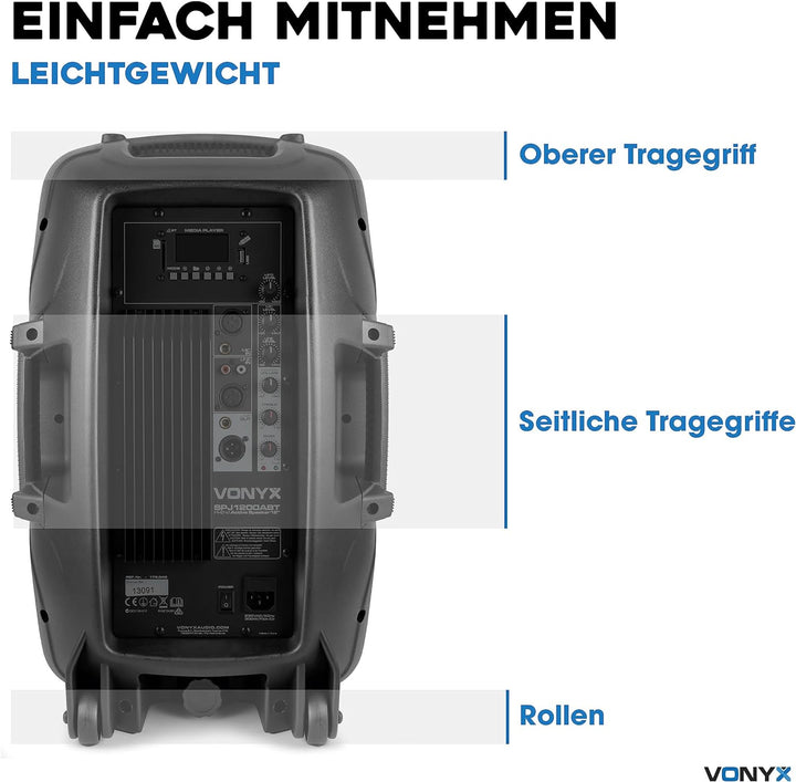 VONYX SPJ-1200ABT PA Anlage, Akitvlautsprecher, 600 Watt Musikbox Bluetooth 12 Zoll High End Speaker