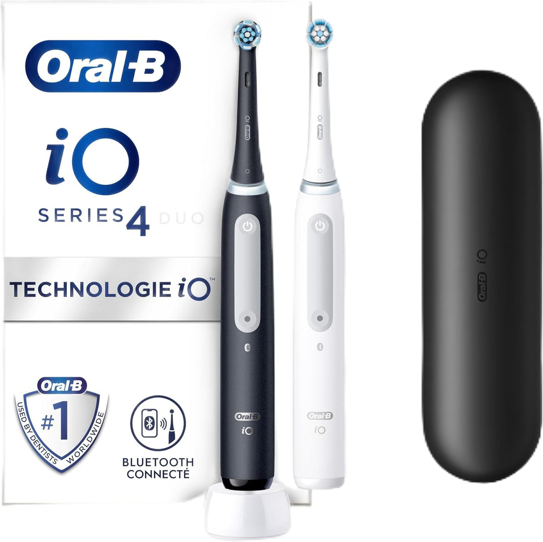 Oral-B iO 4 elektrische Zahnbürsten (2er-Pack) mit wiederaufladbarem Griff, 2 Aufsätzen und Reiseetu