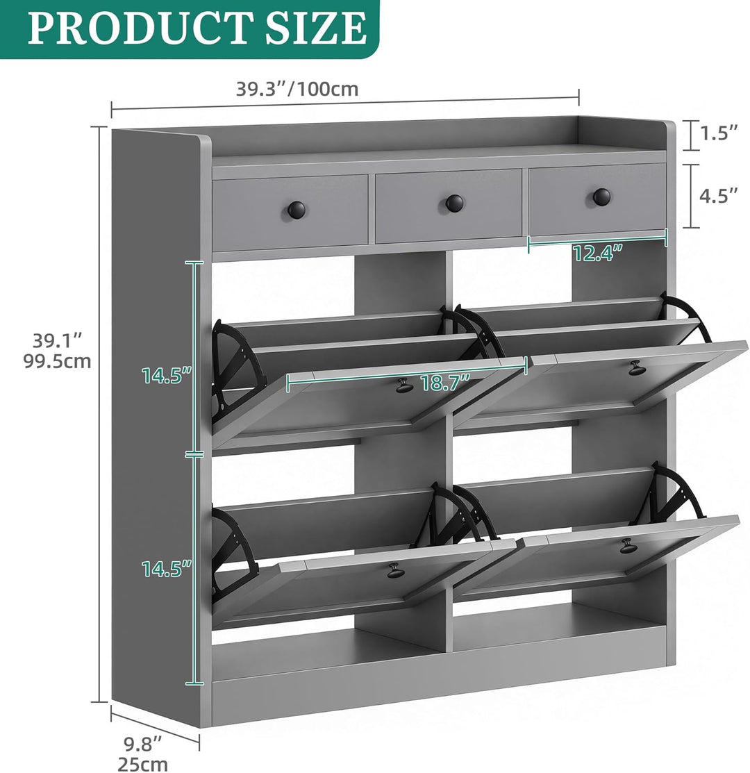 YITAHOME Schuhschrank mit 4 Klappen, Schuhregal Schuhkipper Schmal, Schuhregal mit 8 Ablageflächen V