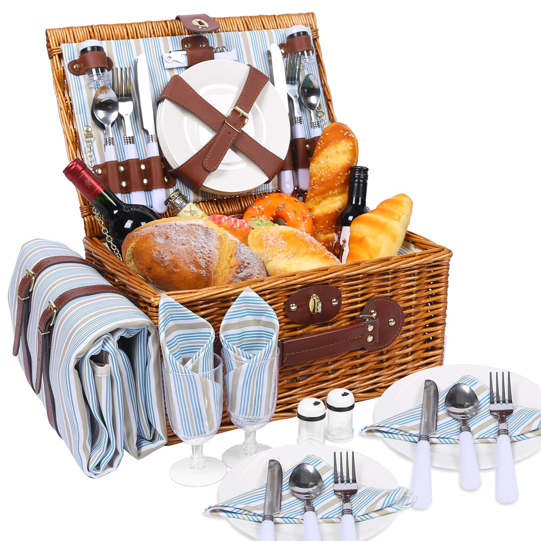 Picknickkorb Set für 4 Person mit Kühlfach und wasserdichte Picknickdecke, Abnehmbarer Riemen, Beste