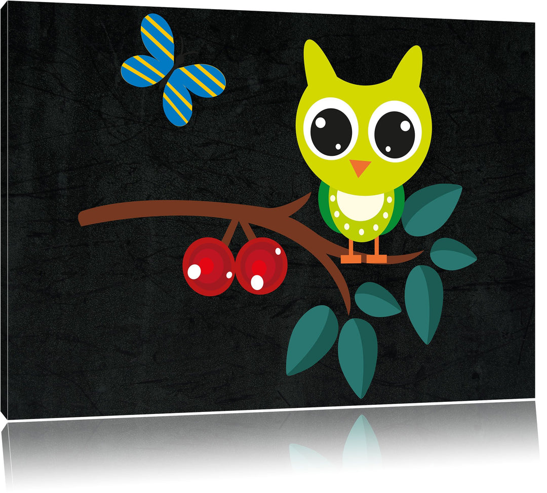 Pixxprint Eule auf AST mit Schmetterling / 100x70cm Leinwandbild bespannt auf Holzrahmen/Wandbild Ku
