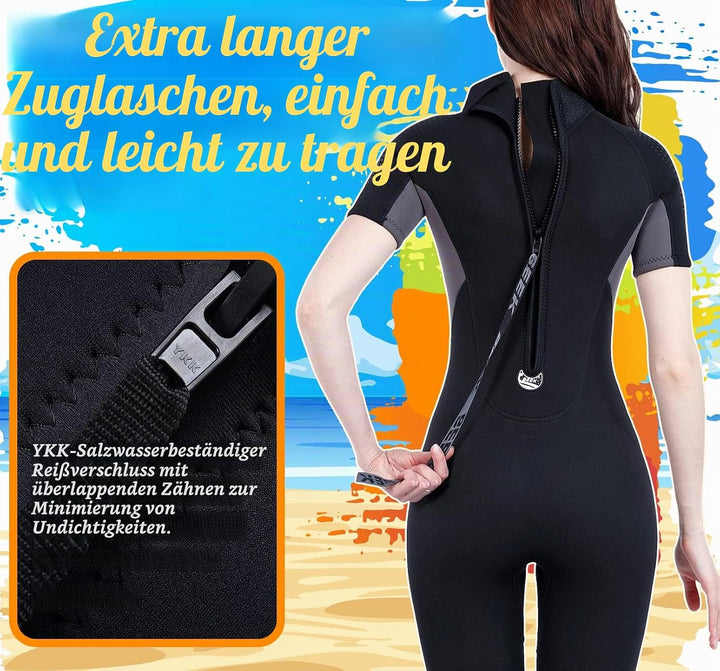 Neoprenanzug Damen und Herren Kurz 3mm für Herren Rückenreissverschluss zum Tauchen, Schnorcheln, Su