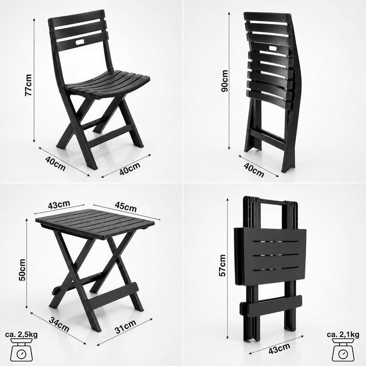 BigDean 2X Gartenstuhl und 1 Gartentisch klappbar Anthrazit Wetterfest