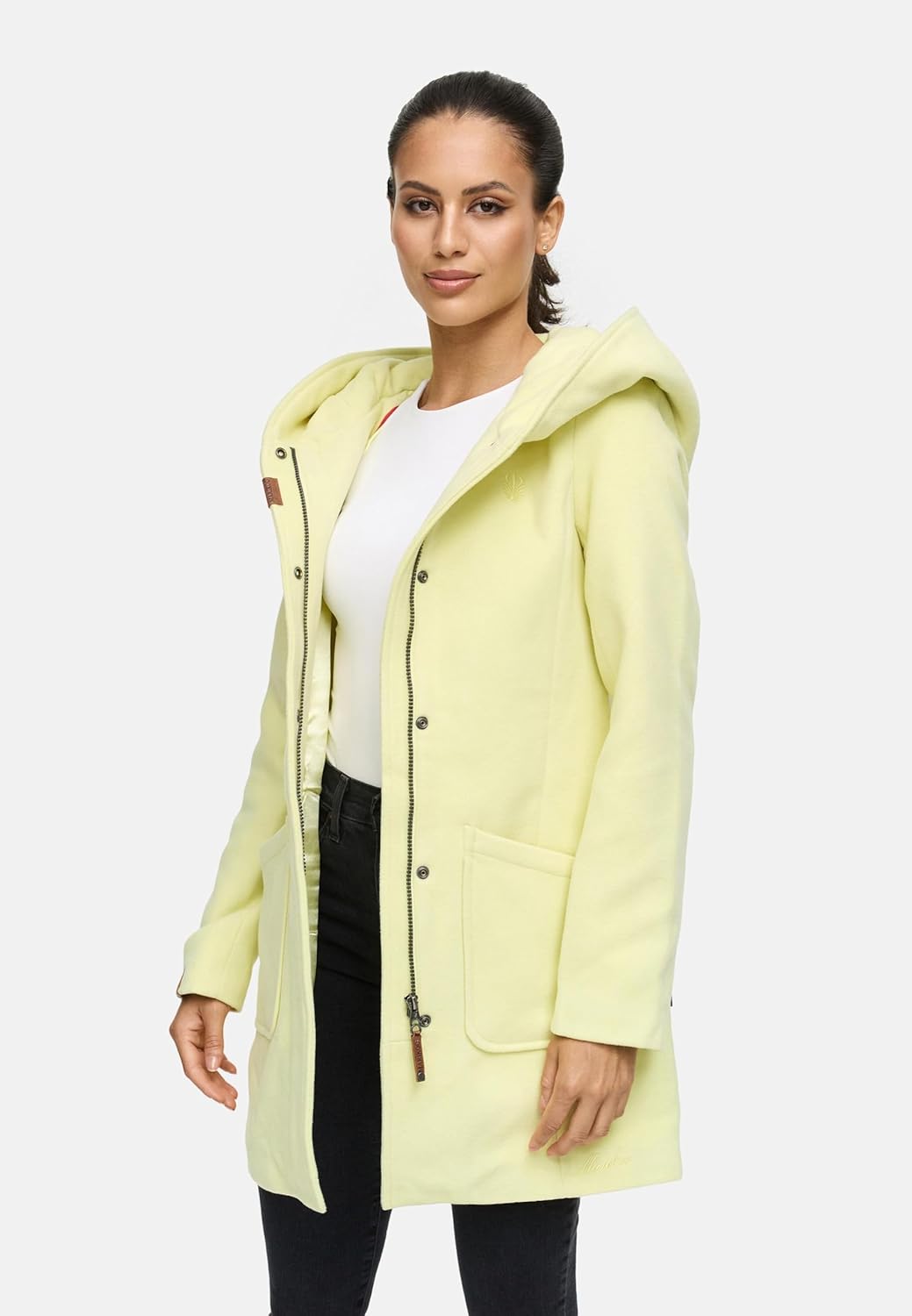 MARIKOO Damen Mantel in Wollmantel-Optik Warmer Trenchcoat mit Kapuze Maikoo XS-5XL S Pastel Yellow,
