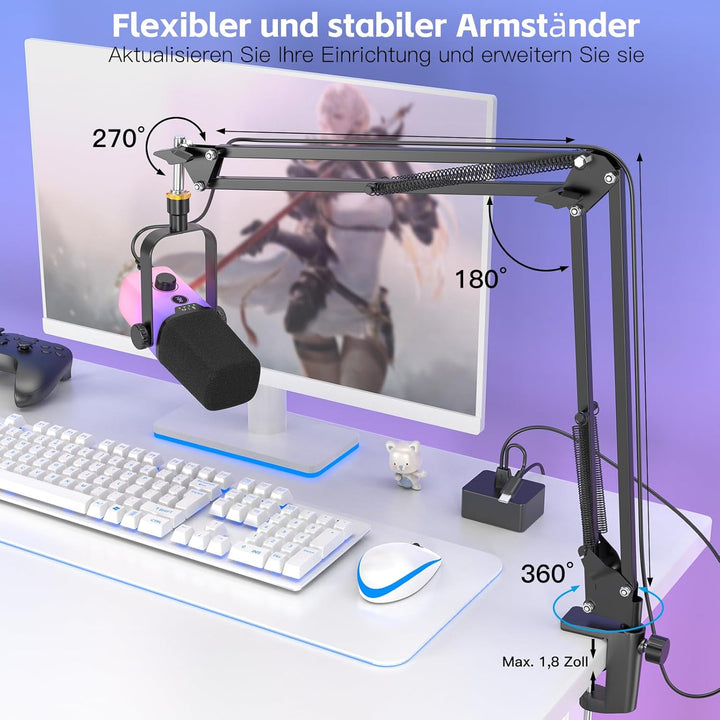 zealsound USB Gaming Mikrofon PC mit Arm – 192kHz Kondensatormikrofon mit Noise Cancelling, Stummsch