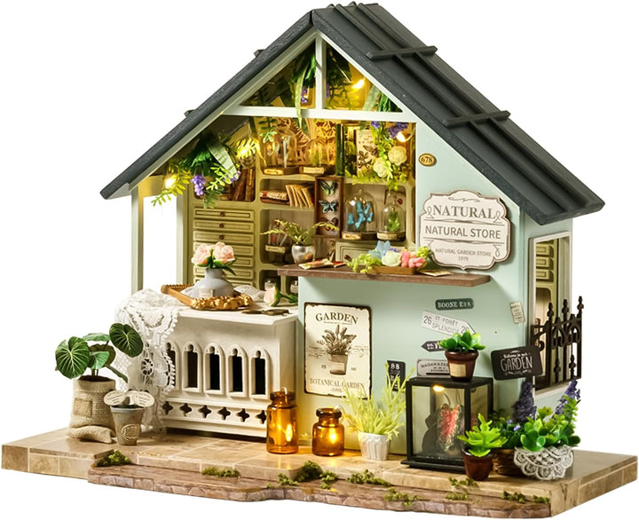 Spilay DIY Miniature House, Mini Handgefertigte Grünes Pflanzenstudio Kit Mit LED-Licht, Schutzhülle