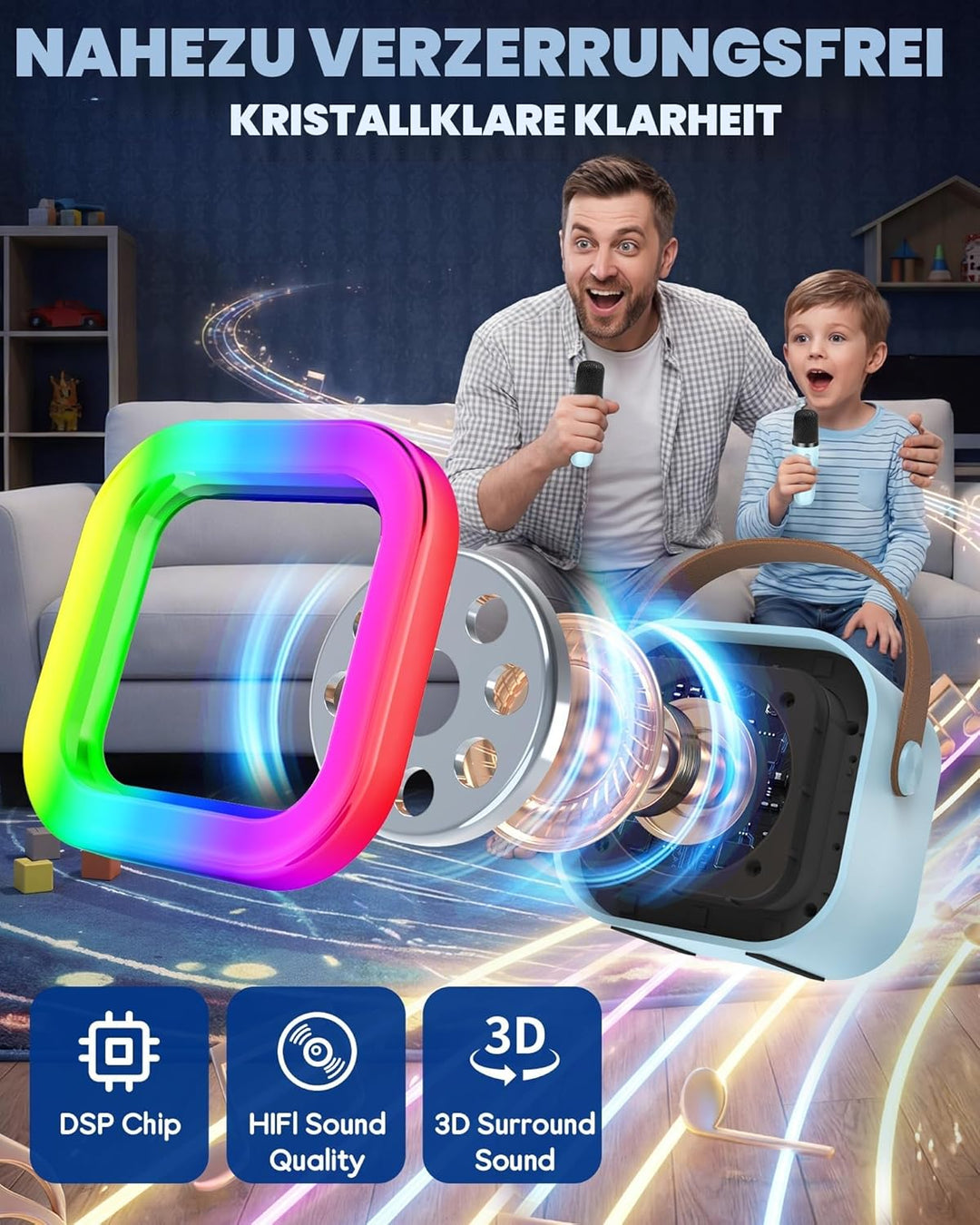 Karaoke Maschine mit 2 Karaoke Mikrofonen, Karaoke Maschine Kinder mit Mikrofon Mädchen Geschenke Sp