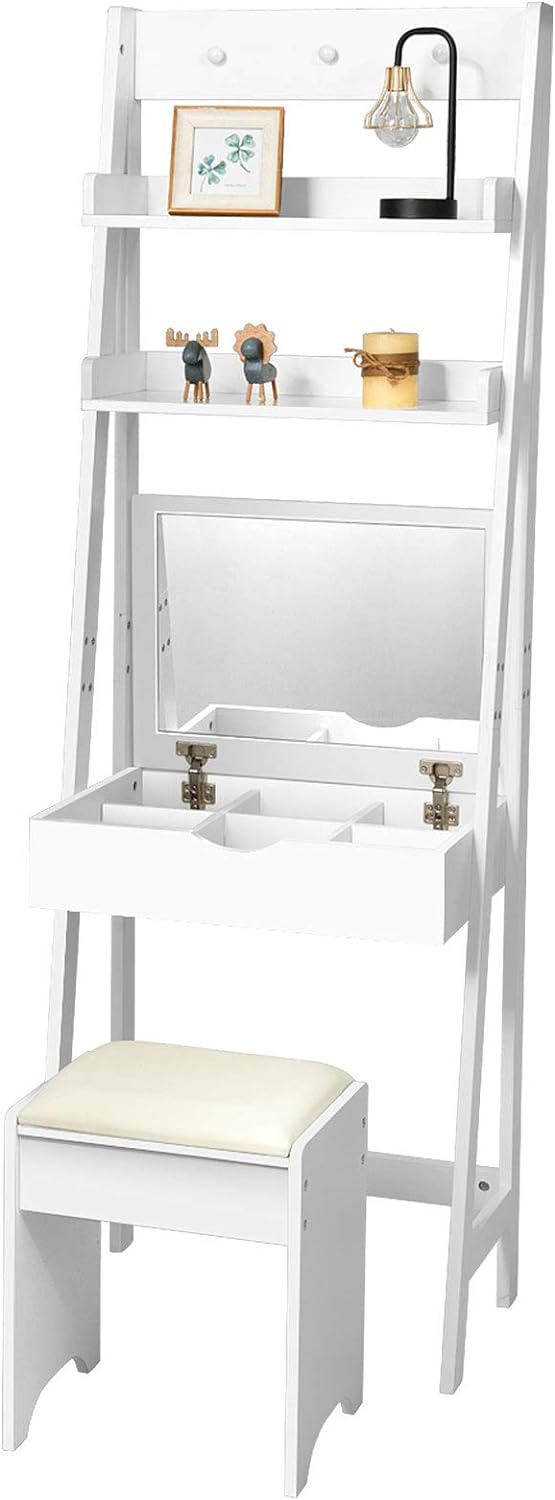 DREAMADE Schminktisch, Kosmetiktisch mit Klappspiegel & Leiterregal, Make-up Tisch aus Holz, Frisier