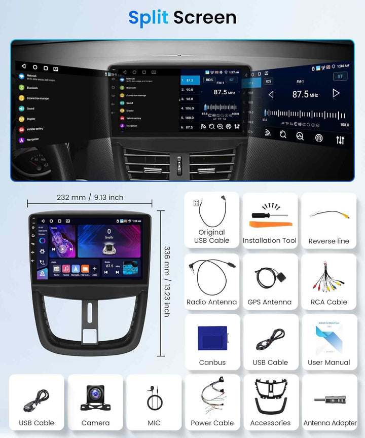 4G+64G Rimoody 9'' Autoradio Android für Peugeot 207 2006-2015 mit Wireless Carplay Android Auto Tou