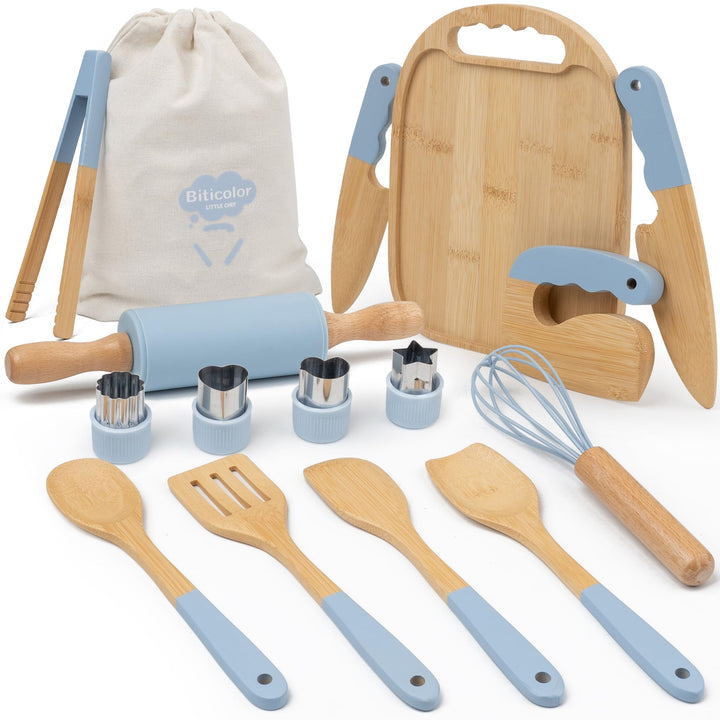 Kindermesser Set – 30-teilig mit sicherem Kiddikutter, Holzmesser Schneidebrett – Montessori Küchens