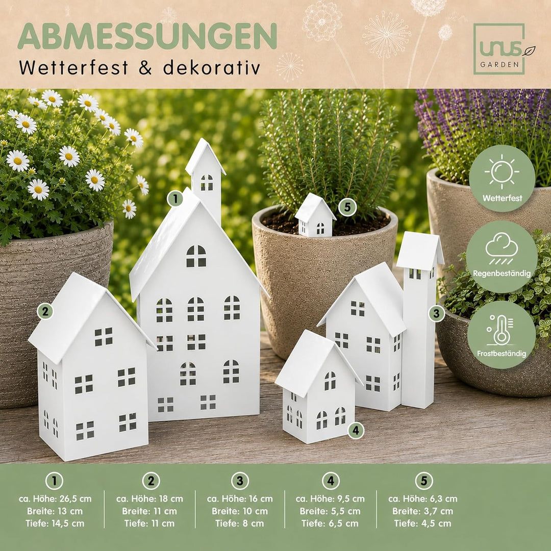 UNUS Deko Häuser 5er Set, Lichthäuser aus Metall, in Weiss, Herbstdeko Outdoor, Weihnachtsdorf für G