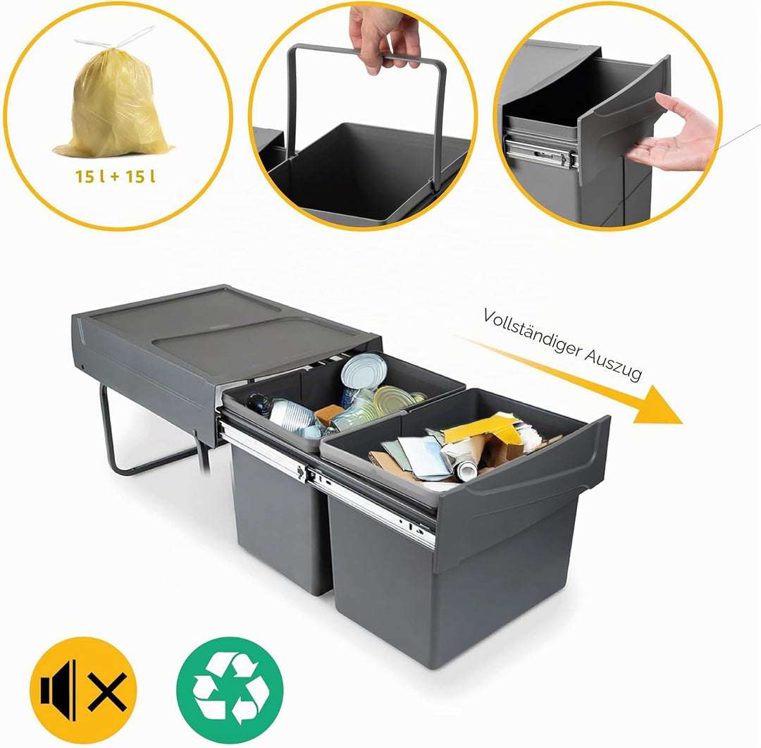 Emuca - Küchenabfalleimer mit unterseitiger Befestigung, 2 ausziehbarer 15 L Recycle-Mülleimer, Gesa