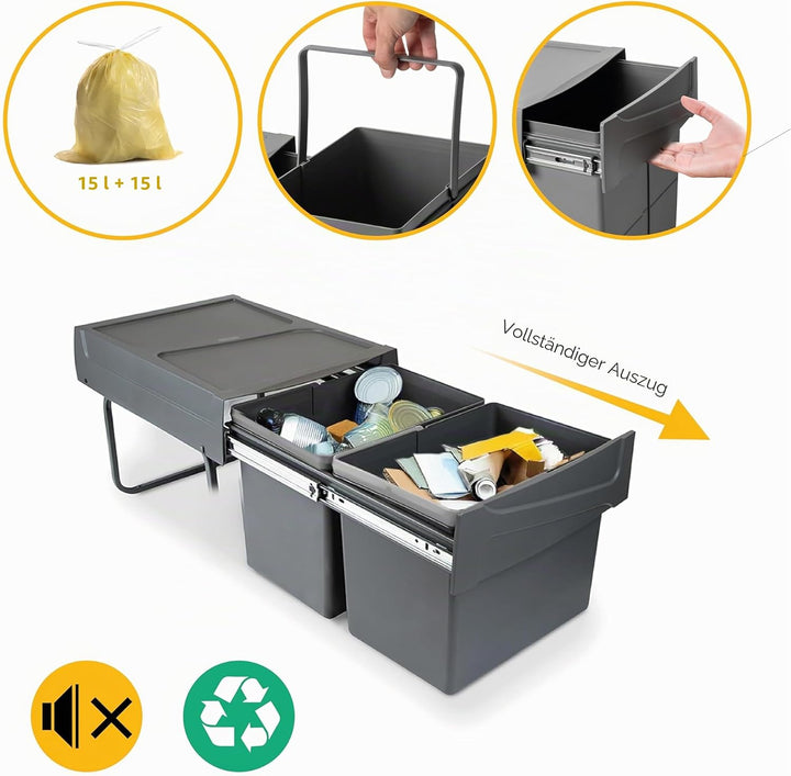 Emuca - Küchenabfalleimer mit unterseitiger Befestigung, 2 ausziehbarer 15 L Recycle-Mülleimer, Gesa