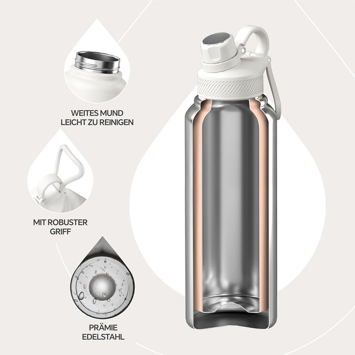 IDEUS Vakuumisolierte Wasserflasche, 40oz (1140 ml) Edelstahl Doppelwand Flasche Metall Sport Kantin