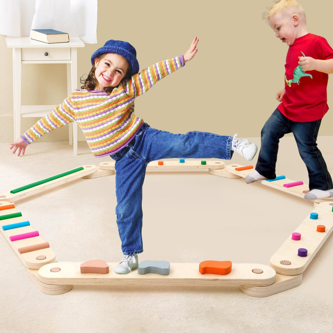 Holz Kleinkinder Schwebebalken Bunte Hindernissteine,Montessori Spielzeug für Drinnen und Draussen,H