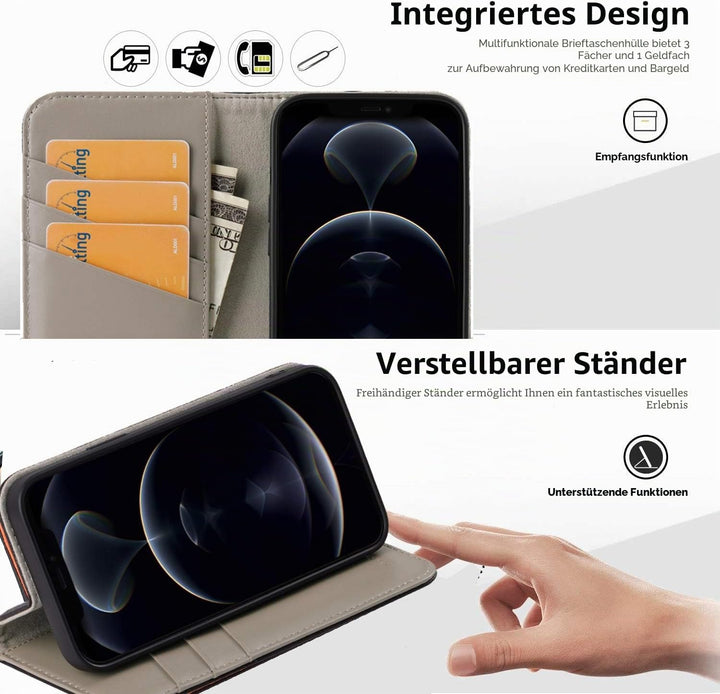 VISOUL iPhone 12 Mini Hülle,Handyhülle iPhone 12 Mini [100% Echtleder] [3 Kartenfächer] [Verdichtes
