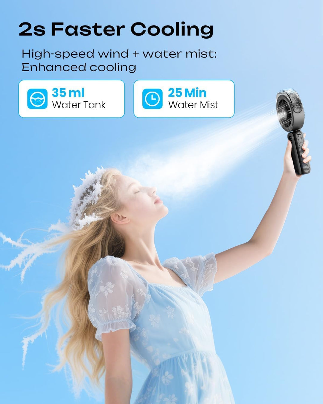 Otlonpe Handventilator Mit Wasserkühlung, 4000mAh Hand Ventilator Akku Aufladbar Mit Wasser, Leistun