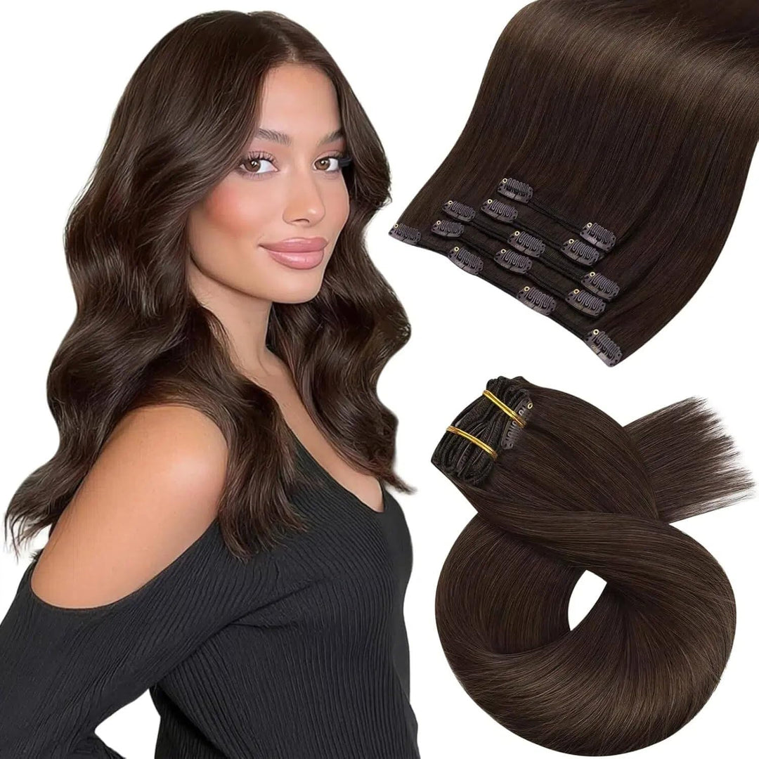 Moresoo Haarverlängerung Echthaar Clip in Extensions Echthaar Dunkelbraun Menschliches Haar Remy Cli