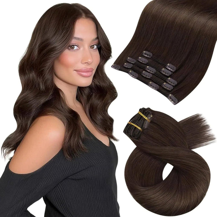 Moresoo Haarverlängerung Echthaar Clip in Extensions Echthaar Dunkelbraun Menschliches Haar Remy Cli