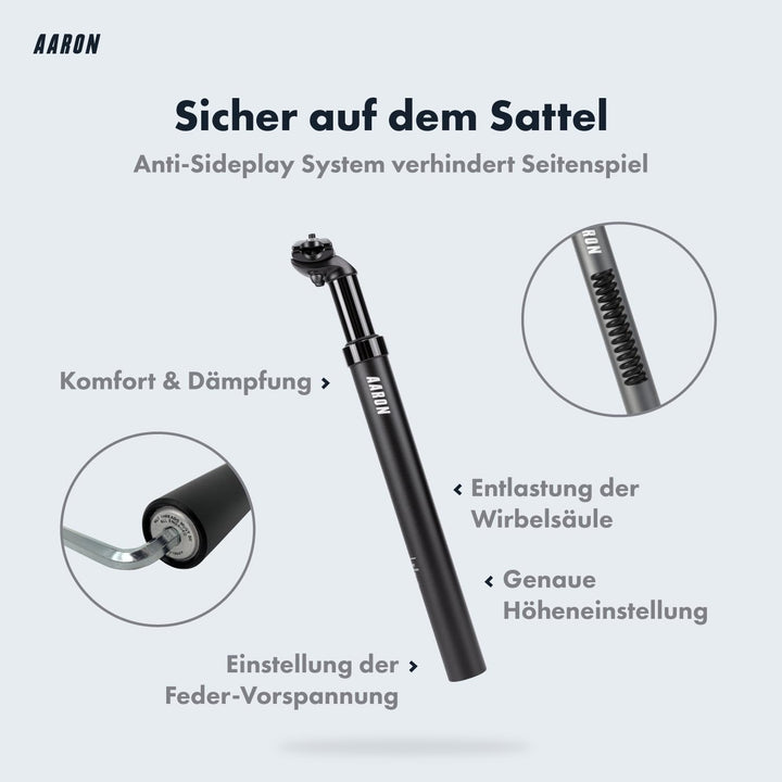 AARON Spring Federsattelstütze mit 27,2, 30,9 oder 31,6 mm Durchmesser - Gefederte Aluminium Sattels