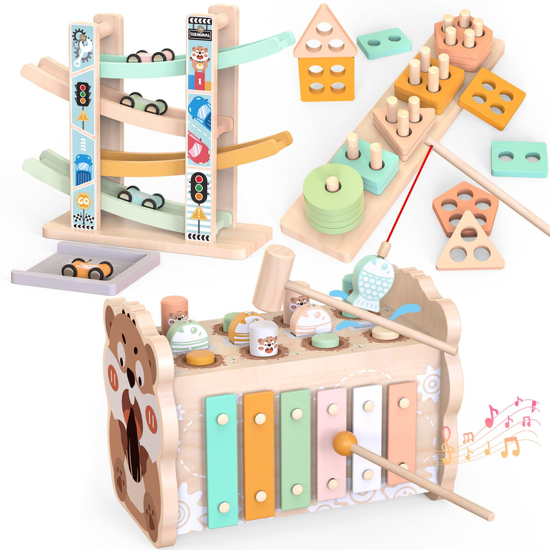 Holz Montessori Spielzeug für Kleinkinder 1-3 Jahre, Baby Hammerbank mit Xylophon &amp; Angelspiel, Auto