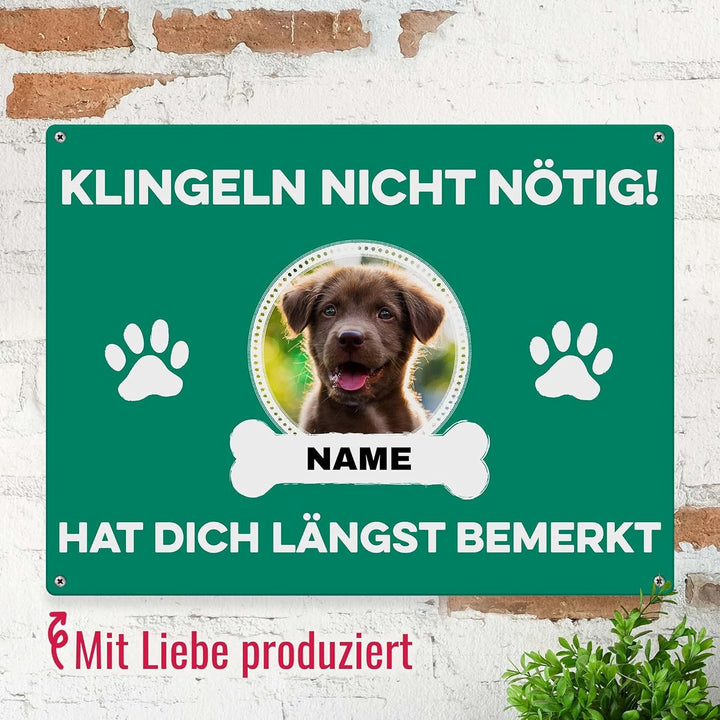 Hunde Schild personalisiert - Klingeln nicht nötig - Metallschild mit Foto und Name für aussen, wett