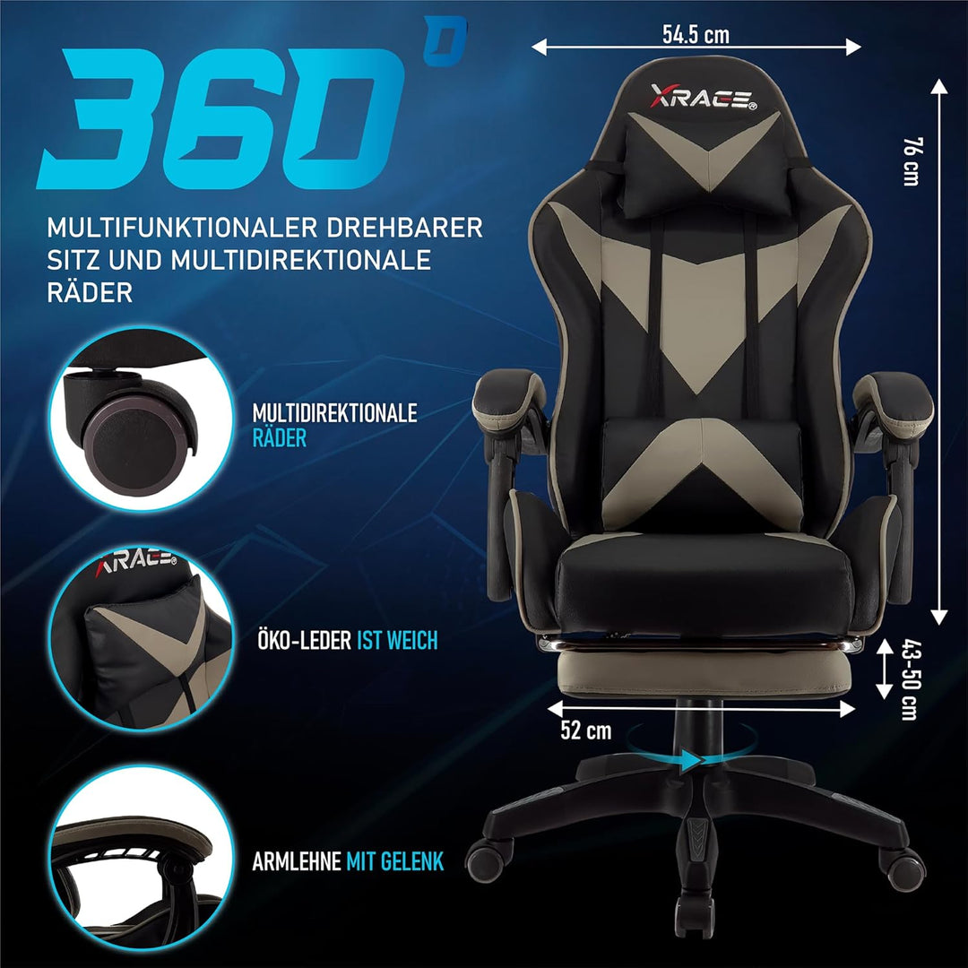 xRace Gaming-Stuhl Hoher Drehstuhl aus Leder mit Lendenwirbelstütze, Kopfstütze und Fussstütze, vers