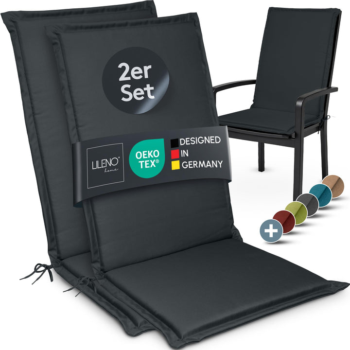 LILENO HOME Gartenstuhl Auflagen [2er Set - Hochlehner] in Anthrazit - Bequeme Liegen als Sitzauflag