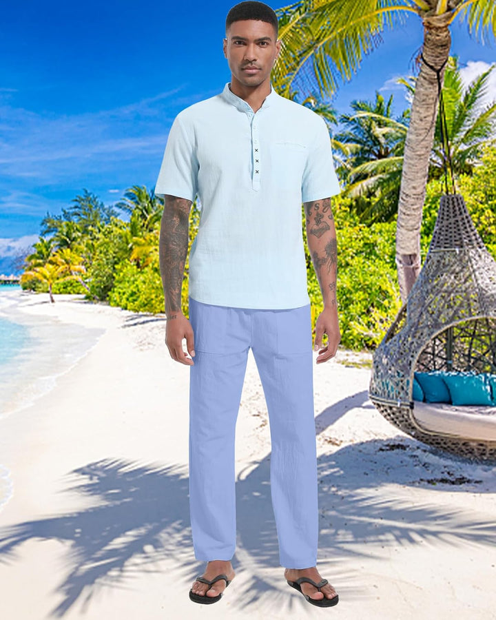 LVCBL Leinenhose Herren Sommer Herbst Lose Lässige Leinenhose mit Taschen Elastischer Bund M Hellbla