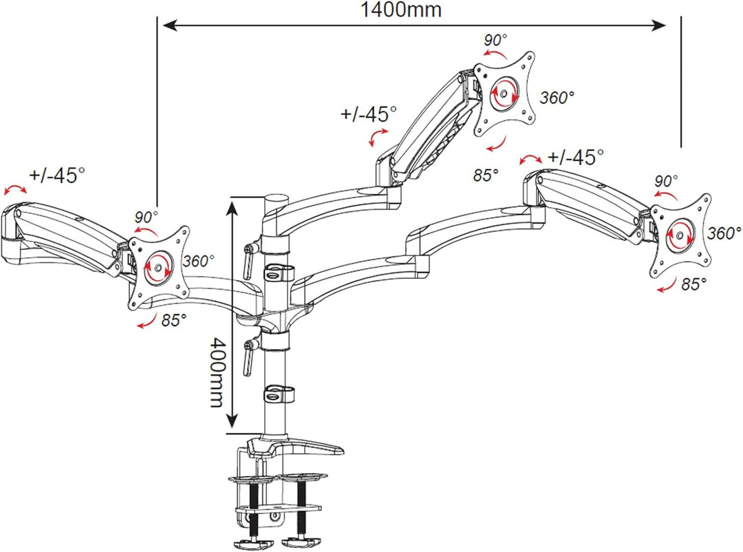 HFTEK - Monitorarm - Triple - Halterung Halter Tischhalterung für 3 Bildschirme von 15 - 27 Zoll mit