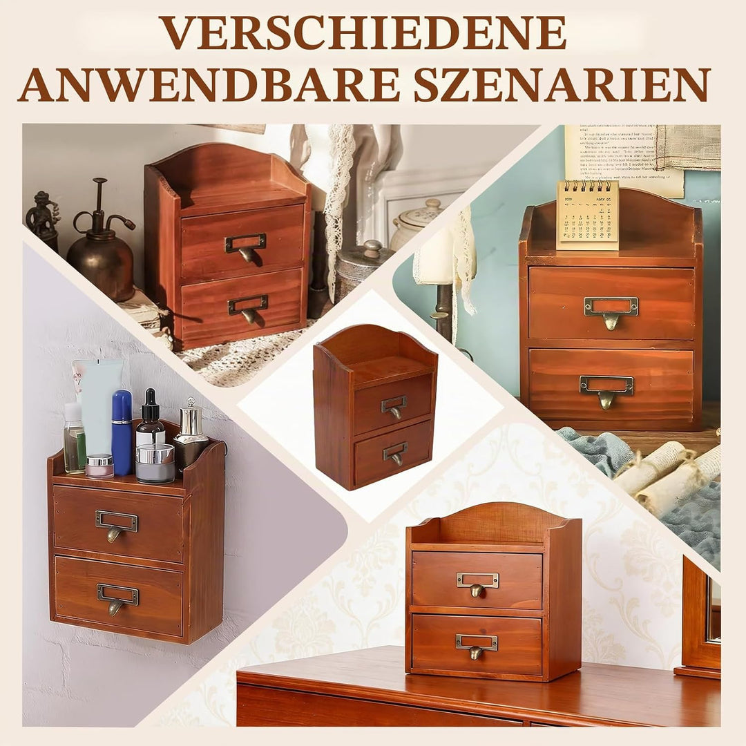 Klein Holz Schubladenschrank, 24.5 x 13 x 18.8cm Massivholz Schmuckschatulle mit 2 Lagiger Schublade