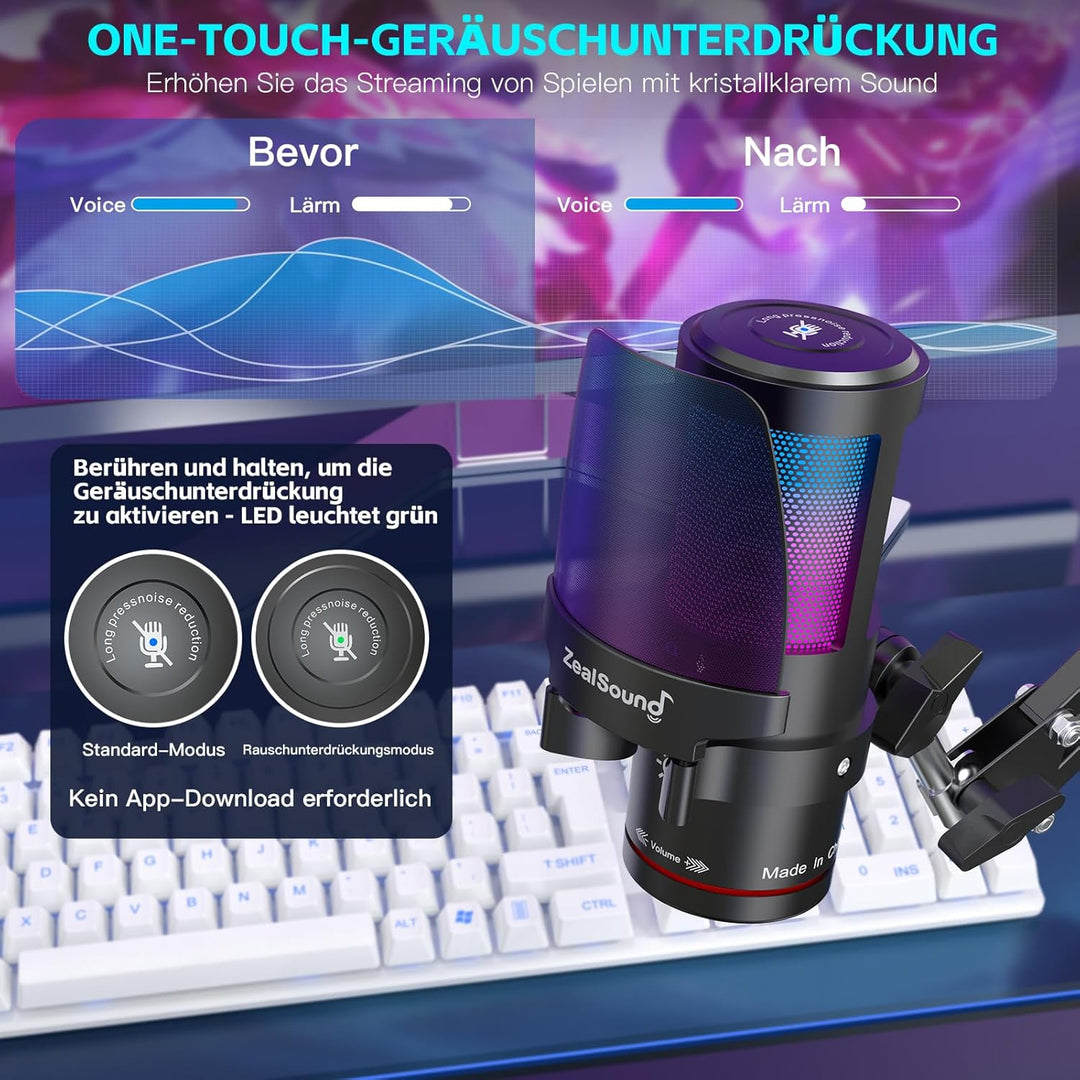 ZealSound USB Gaming Mikrofon für PC/Mac/Handy mit 2 Ständer & 2 Adapters, 192kHz/24bit mit Noise Ca
