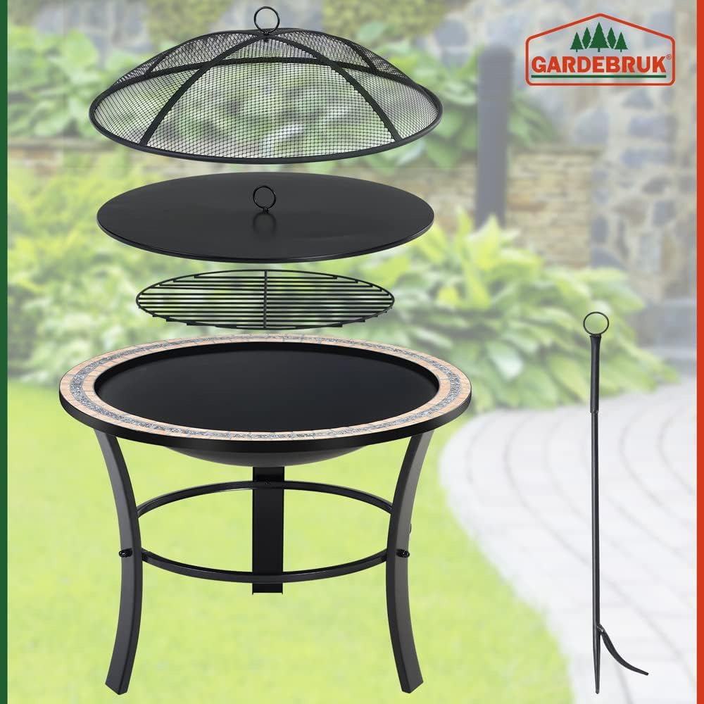GARDEBRUK® Feuerschale Fuego mit Funkenschutz Ø76cm Schürhaken Abdeckung Mosaik Rund Garten Terrasse