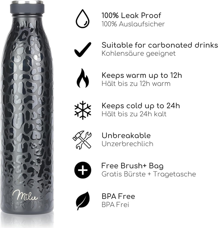 Milu Edelstahl Trinkflasche 350ml, 500ml, 750ml, 1L, 1,5L – Thermosflasche für Kinder Erwachsene aus