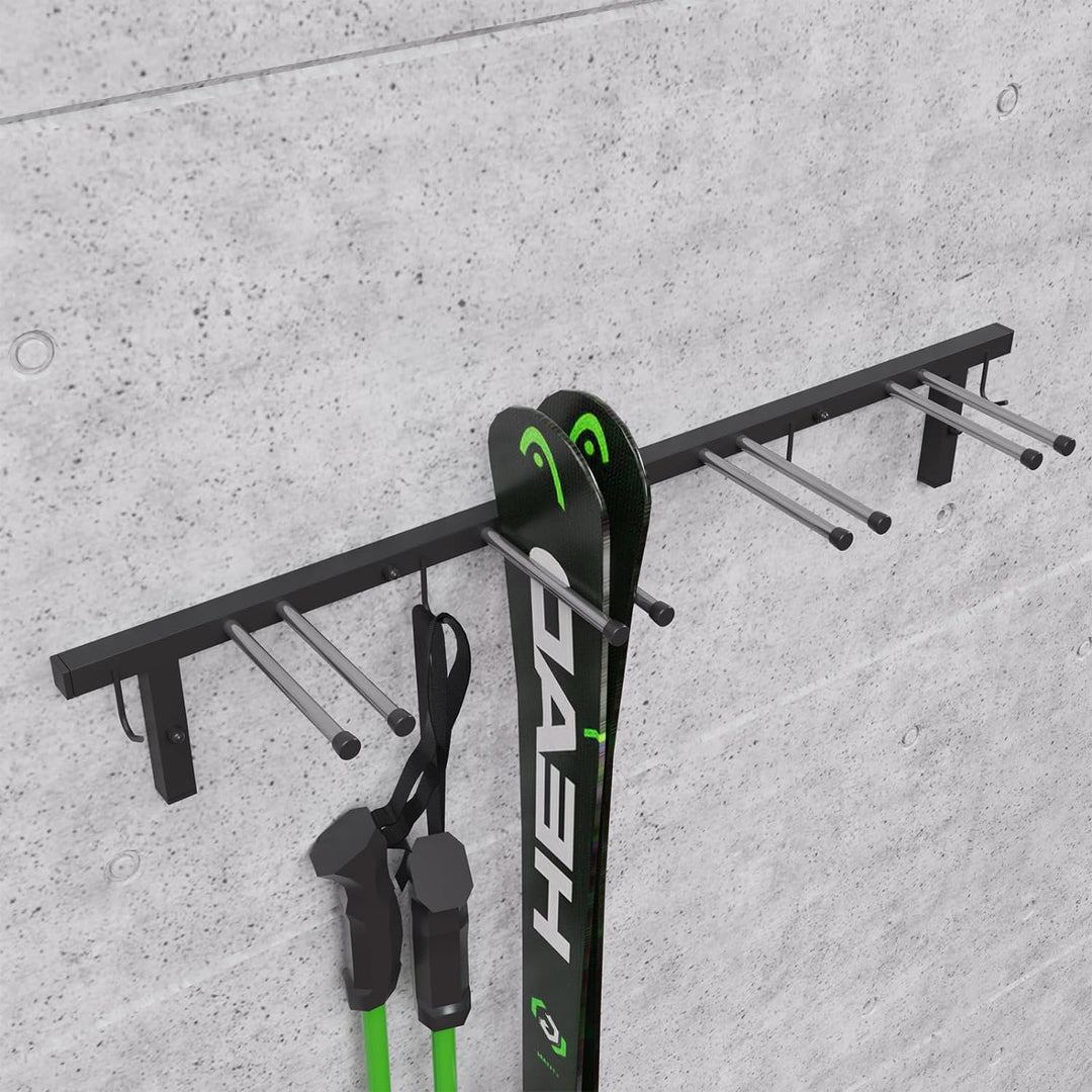 QLS Skihalterung S3 Wand Skihalter für 4 Paare 83 cm Stahl Holz hölzerne Hakenleiste Nordic Walking
