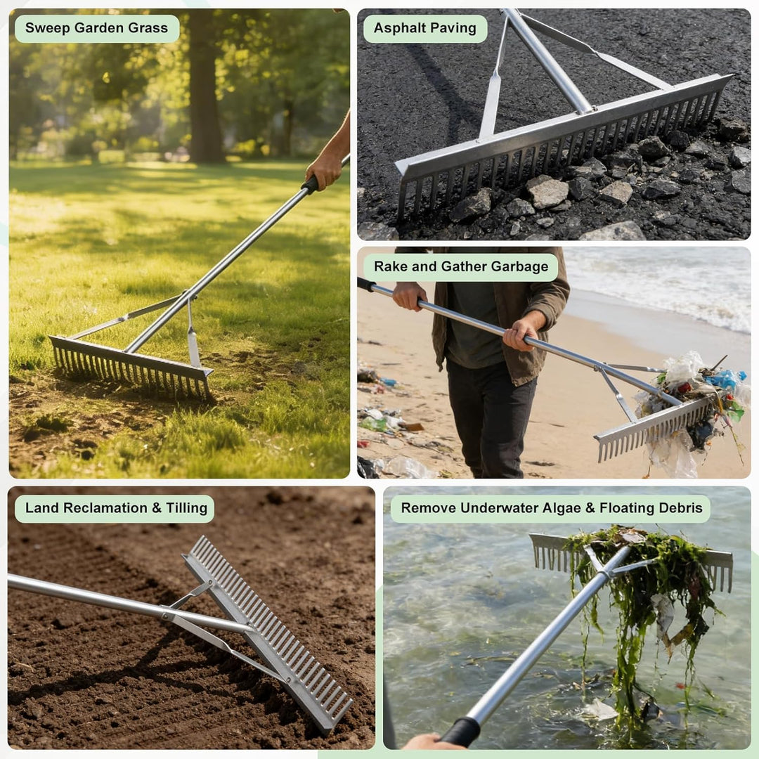 EFUTURETIME 61cm Rechen, Harke Garten mit 170cm Stiel, Gartenrechen Leicht aus Aluminium, Rasenreche