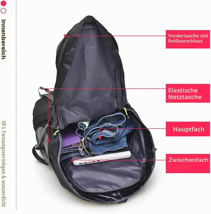 Bseash 50L Leichter wasserfester Wanderrucksack, Outdoor Sport Tagesrucksack Multifunktions Reisetas