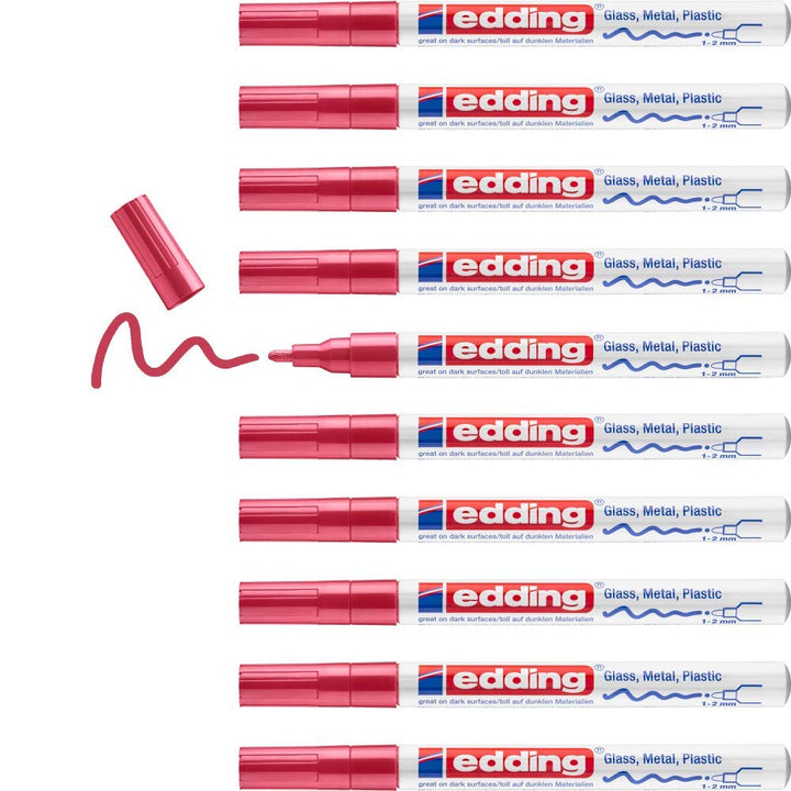 edding 751 Glanzlackmarker - rot - 10 Lackmarker - Rundspitze 1-2 mm - Lackstift für Glas, Stein, Ho