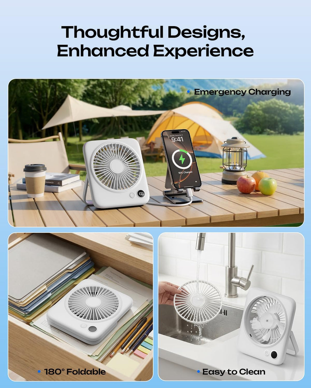 Otlonpe Tischventilator Leise, 4000mAh Akku Ventilator Camping Tragbar, 23H Laufzeit Mini Ventilator