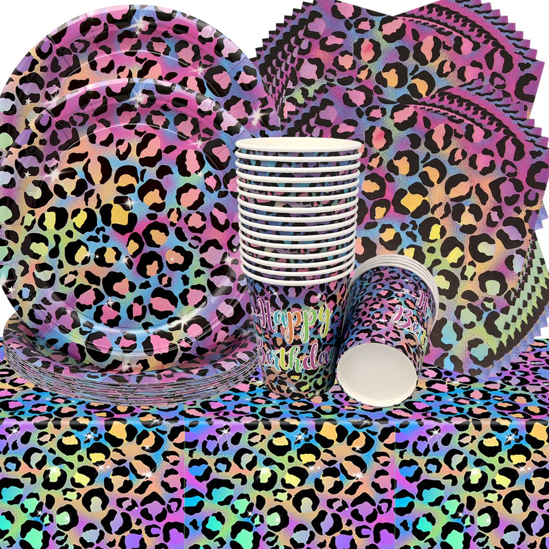 Doyomtoy Leopard Geburtstag Deko, 61 Stück Regenbogen Neon Leoparddruck Partygeschirr Geburtstag Par