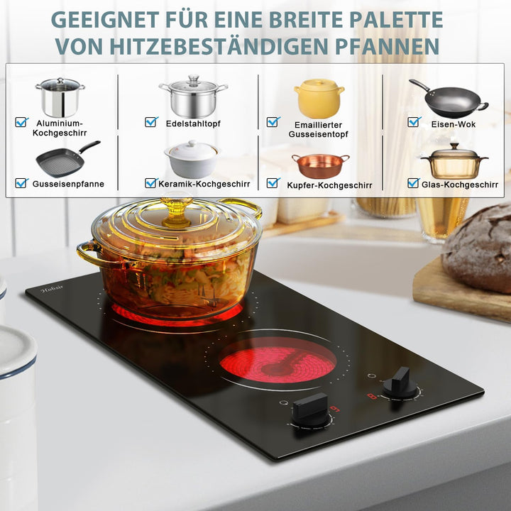 Hobsir Autarkes Glaskeramikkochfeld 2 Platten 30 cm, Elektroherd Eingebautes 2-Zonen-Keramikkochfeld