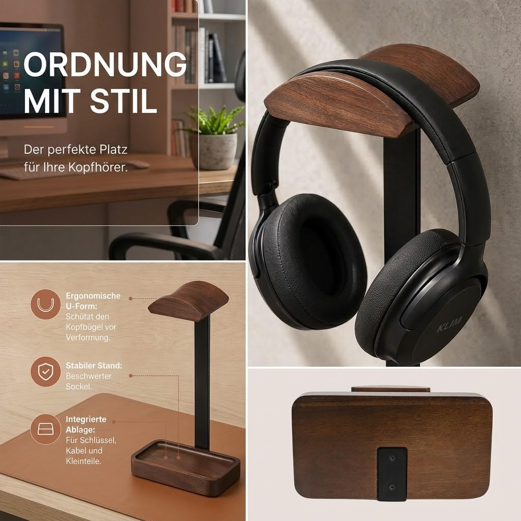 Kopfhörer Ständer für Schreibtisch - Aus massivem Holz und Aluminium, Gaming Headset Ständer mit Tab