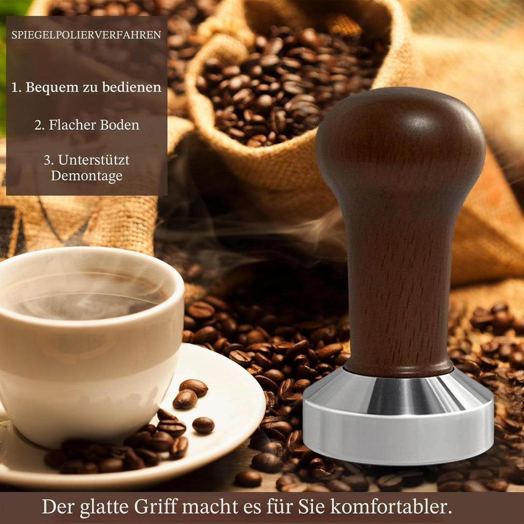 Kaffeetamper 51mm mit Echtholzgriff & Silikonmatte – Massiver Espressostempel für präzises Tamping –