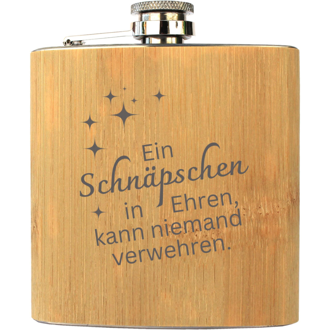 Ein Schnäpschen in Ehren - Edelstahl-Flachmann mit Bambus Ummantelung 175ml - Gravur Geschenkidee mi
