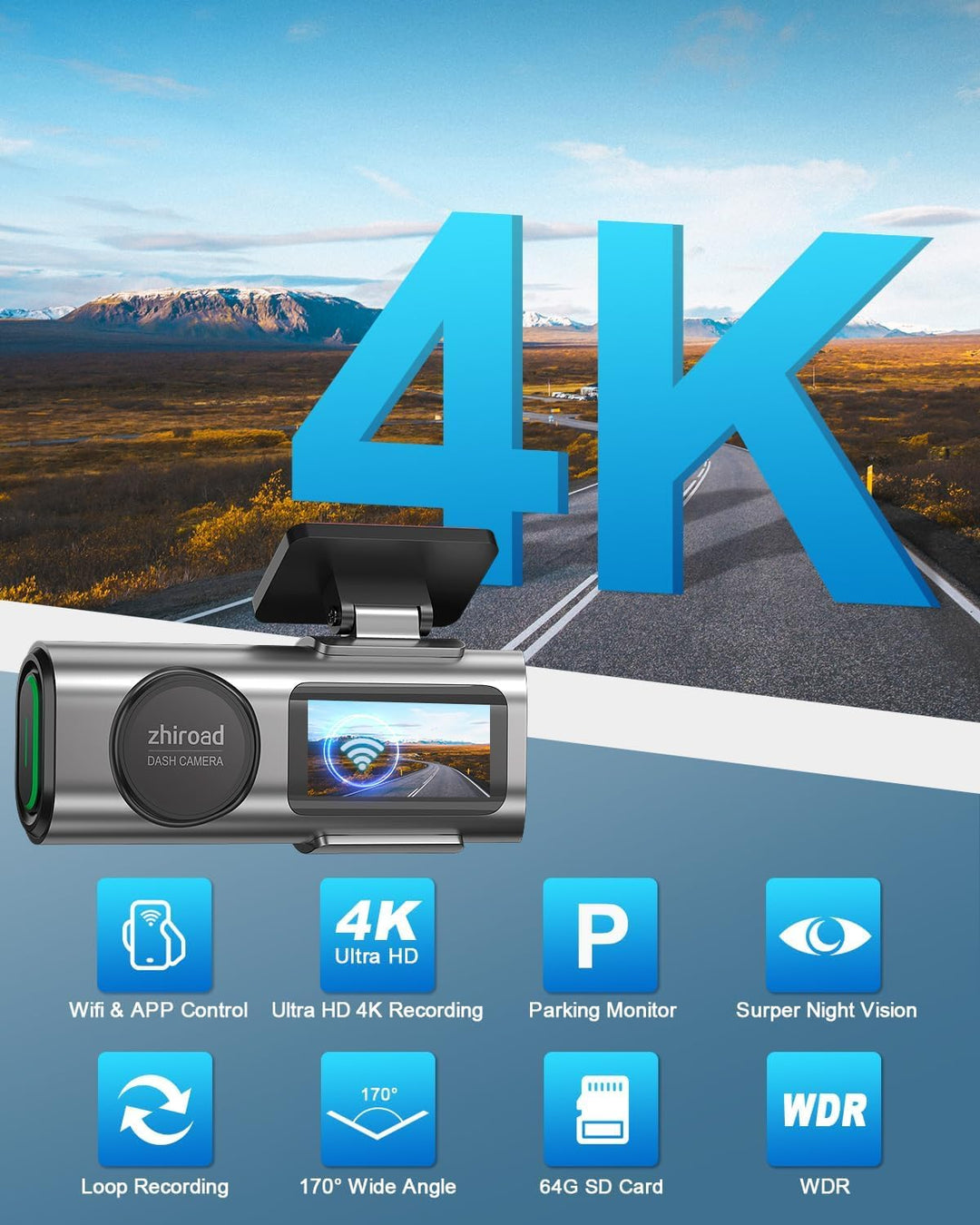 4K WiFi Dashcam Auto Vorne,App-Steuerung Auto Dashcam mit 64G SD-Karte und Abnehmbare Halterung,1.47