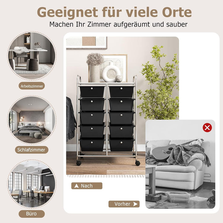 GOPLUS Rollwagen mit 10 Schubladen stapelbar, Rollcontainer mit Ablage & Metallgestell, Badregal, Au