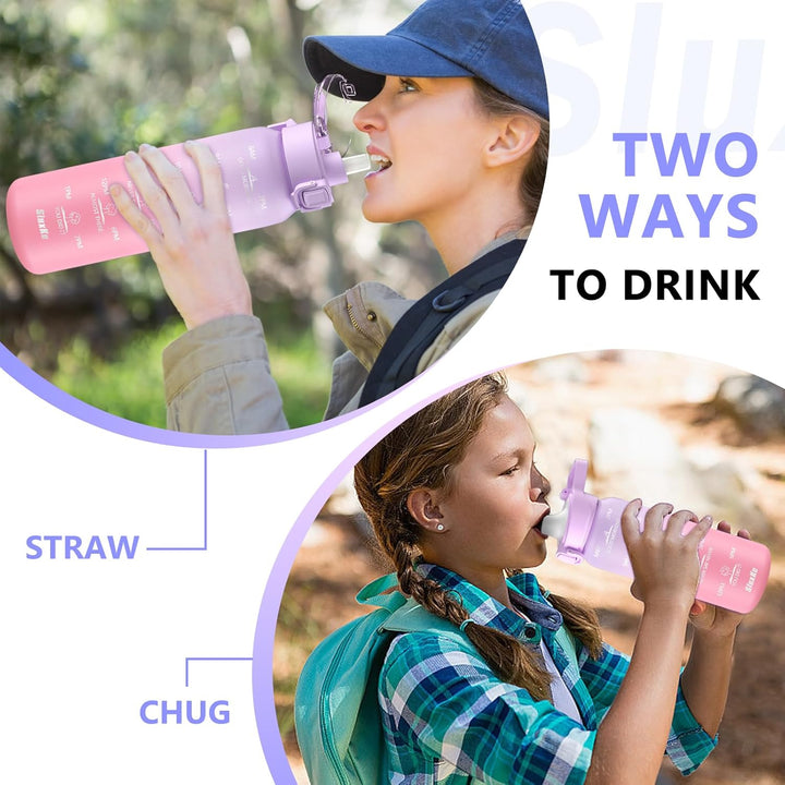 SLUXKE Trinkflasche Edelstahl 1Liter mit Zeitmarkierung, 1L Thermosflasche mit Premium Auslaufsicher